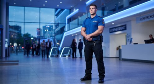 Sicherheitsmitarbeiter überwacht nachts ein Firmengelände